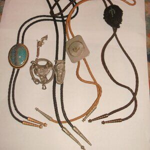 SET 4 Fashion Western Bolo Tie ~ Saddle ~ Holster ~ Gun ~ Faux Turquoise Stone